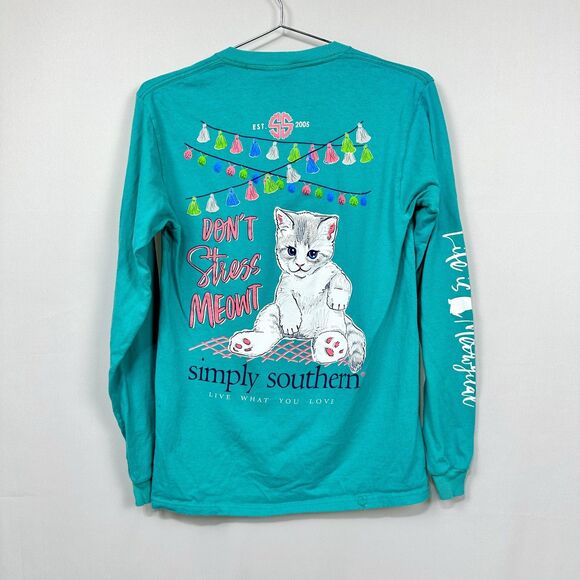 Simply Southern Long Sleeve Tee "Don't Stress Meowt" Cat Teal Women's Small - Picture 1 of 5